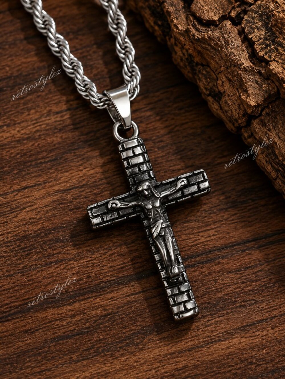 24" Mens 18K White Gold Cross Pendant Rope Chain Necklace 18 K Silver Jewelry